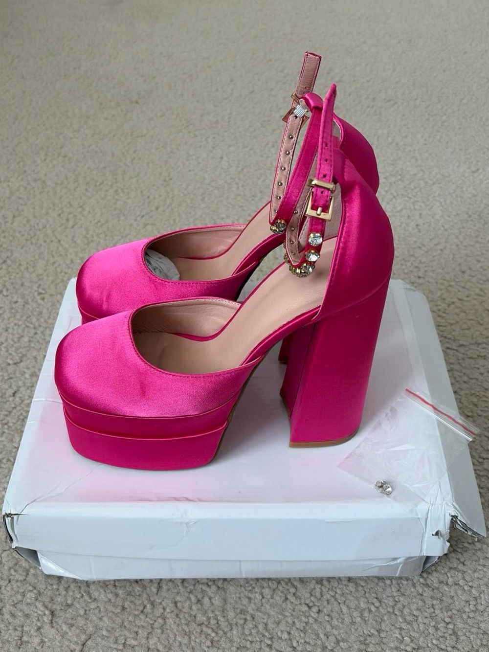 Platform Block Heel Ankle-Strap Pumps in Hot Pink